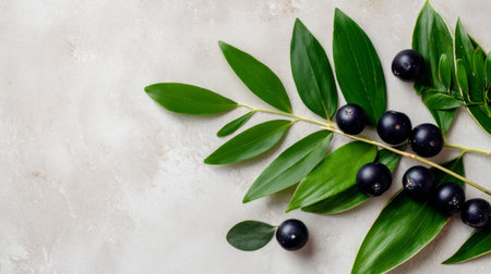 A close-up of fresh black olives with green leaves arranged on a neutral background, ideal for culinary and healthy eating inspirations in food photography.の素材