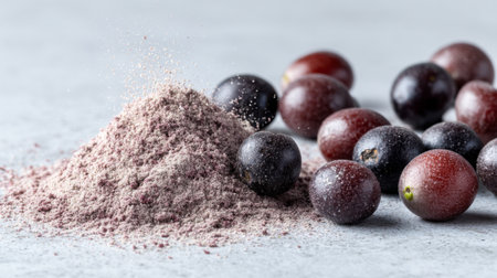 A captivating close-up image showcasing a mound of purple berry powder alongside fresh whole berries, perfect for health-centric culinary projects and lifestyle themes.の素材