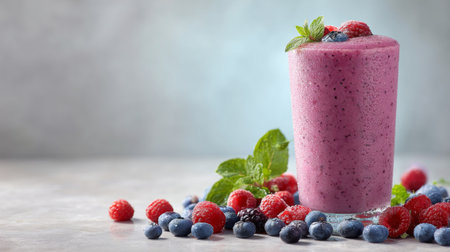 This vibrant berry smoothie, made with fresh raspberries and blueberries, is perfect for a healthy lifestyle. Enjoy the refreshing taste and colorful appeal.の素材