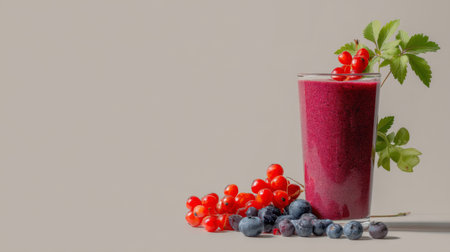A vibrant berry smoothie presented in a clear glass, garnished with red currants, alongside fresh blueberries, perfect for health-conscious individuals and vibrant recipes.の素材