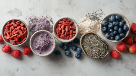 A visually appealing arrangement of vibrant superfood ingredients on a light gray backdrop, showcasing berries, chia seeds, and protein powder, perfect for healthy recipes.の素材