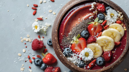 A vibrant smoothie bowl topped with fresh strawberries, bananas, chia seeds, and edible flowers, perfect for promoting health and wellness in lifestyle and culinary contexts.の素材