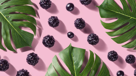 This stunning composition features fresh blackberries scattered on a pink background along with lush green leaves, creating a bright, fresh, and appetizing visual perfect for summertime.の素材