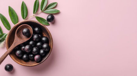 A beautifully arranged bowl of fresh black berries with a wooden spoon and green leaves on a soft pink background, ideal for promoting healthy eating and natural ingredients.の素材