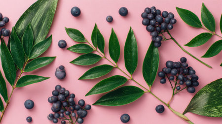 Discover an artistic flat lay image featuring diverse green leaves and dark berries artfully arranged on a soft pink background, ideal for nature-themed projects.の素材