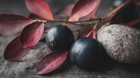 A captivating close-up of fresh blue berries nestled next to smooth stones, surrounded by rich red leaves, showcasing a harmonious blend of colors and textures.の素材