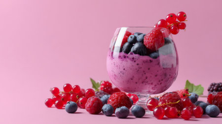 A delightful creamy berry dessert features an array of vibrant raspberries, blueberries, and red currants, creating a tempting treat on a soft pink backdrop.の素材