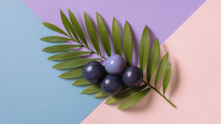 Explore a vibrant arrangement of fresh fruits and green leaves on a colorful geometric background, perfect for modern food and lifestyle projects, emphasizing health and creativity.の素材