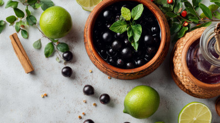 This vibrant image showcases fresh black currants, limes, and mint leaves arranged beautifully on a light surface, perfect for healthy drink preparation and culinary inspiration.の素材