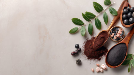 Explore a vibrant assortment of natural ingredients displayed on a light stone surface. This image captures the essence of health and wellness through various spices and superfoods.の素材