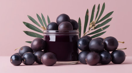 A stunning arrangement of glossy black fruits and a jar of dark jam, enhanced by green leaves, set against a soft pink backdrop. Perfect for culinary inspiration.の素材