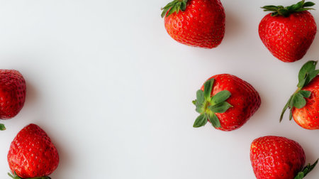 Bright red strawberries scattered on a clean, light background. This image evokes feelings of freshness and healthy eating, perfect for recipes and nutrition themes.の素材