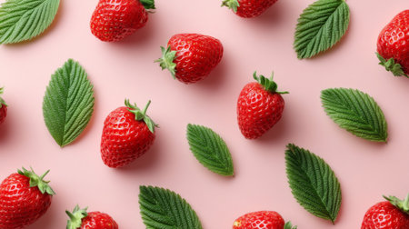 This image showcases vibrant red strawberries surrounded by green leaves on a soft pink background, perfect for enhancing food-related projects and designs.の素材