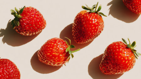 A collection of vibrant red strawberries arranged on a light background, showcasing their natural beauty and freshness, perfect for healthy food photography and culinary themes.の素材