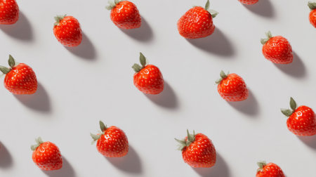This image features fresh strawberries arranged in a symmetrical pattern, highlighting their vibrant colors and natural beauty ideal for culinary use and healthy snacks.の素材