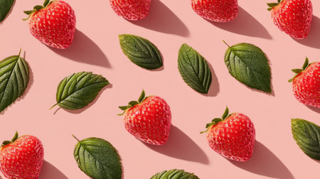 A vibrant flat lay composition featuring fresh strawberries and green leaves on a soft pink background, perfect for food marketing, recipes, and healthy living themes.の素材