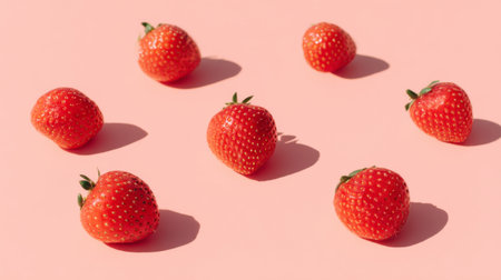 A captivating arrangement of fresh strawberries on a soft pink background, perfect for food-related content, marketing, or culinary projects showcasing vibrant colors and healthy choices.の素材