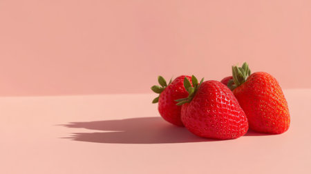 This image features vibrant strawberries resting on a soft pink background, highlighting their rich color and texture in a minimalistic composition. Perfect for food-related themes.の素材