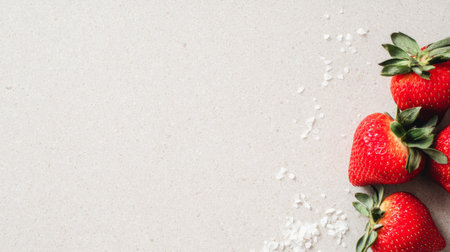 A cluster of fresh, red strawberries sprinkled lightly with sea salt rests on a smooth grey surface, showcasing natural beauty and inviting culinary creativity.の素材