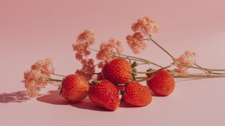 This image showcases fresh strawberries accompanied by delicate pink flowers, set against a soft pink background, perfect for culinary art or food-themed designs.の素材