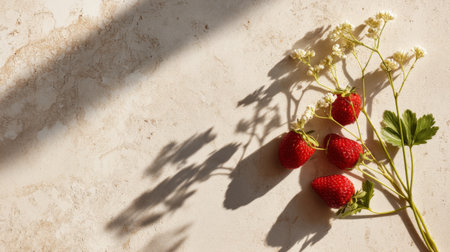 A serene composition featuring fresh red strawberries accompanied by delicate white flowers and green leaves, beautifully showcased on a light stone surface.の素材