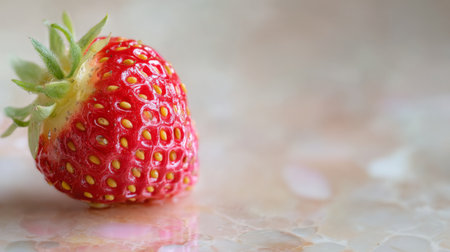 This image features a single vibrant strawberry against a light glossy background, highlighting its rich red hue and natural charm, ideal for food-related projects.の素材