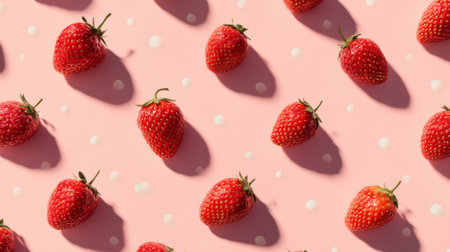 A beautiful arrangement of fresh strawberries on a soft pink background featuring white polka dots. Ideal for food-related projects, summer themes, and vibrant designs.の素材