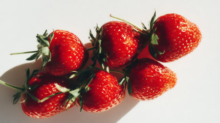 A close-up view of fresh red strawberries arranged on a white background, showcasing their vibrant color and natural shine, ideal for healthy eating and culinary inspiration.の素材
