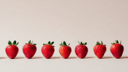 A stunning arrangement of fresh strawberries lined up in a row, showcasing their vivid red hue and fresh green tops against a soft beige background, ideal for food-related projects.の素材