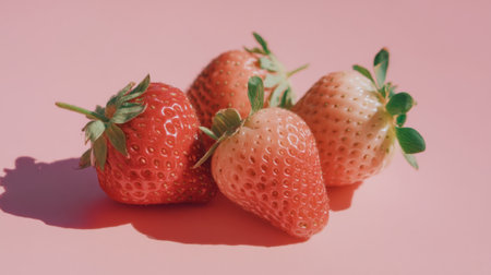 A stunning arrangement of ripe strawberries showcases the vibrant colors against a soft pink background, perfect for food photography and summer recipes.の素材