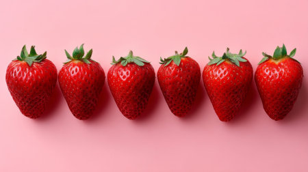 A line of fresh red strawberries rests on a soft pink background, showcasing their vibrant color and juicy appeal. Ideal for food photography and culinary designs.の素材
