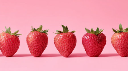 This captivating image features fresh strawberries perfectly arranged against a bright pink background, ideal for showcasing freshness in culinary projects and advertisements.の素材