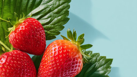 This image showcases vibrant strawberries nestled on green leaves against a light blue background. Perfect for health-related content, recipes, or summer themes.の素材