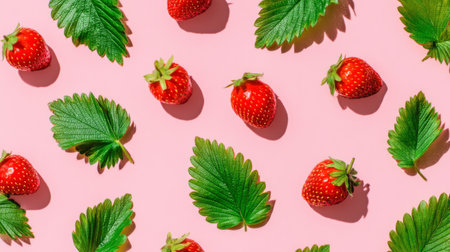 A stunning arrangement of bright red strawberries surrounded by green leaves set against a soft pink background, perfect for conveying freshness and vibrancy in food visuals.の素材