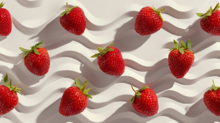 Delight in a visually appealing arrangement of fresh red strawberries on a textured white background featuring wavy patterns, perfect for food photography and design projects.の素材