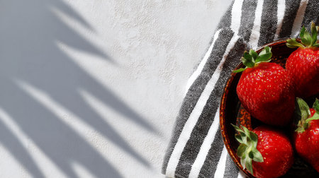 A visually appealing image featuring fresh red strawberries arranged on a plate beside a black and white striped napkin, accentuated by soft shadows enhancing the aesthetic.の素材