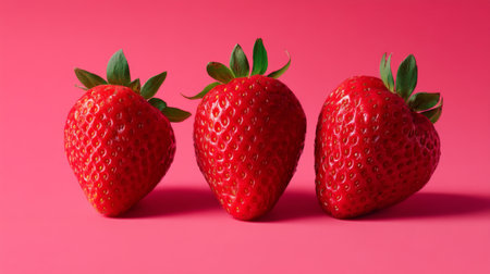 A visually striking display of vibrant red strawberries set against a bold pink background, ideal for showcasing healthy food choices and summer flavors.の素材