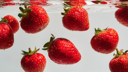 Bright and vibrant strawberries float beneath a clear water surface, creating a refreshing visual with bubbles, perfect for food-related projects or healthy lifestyle themes.の素材