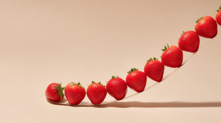 A visually appealing arrangement of fresh strawberries laid out in a graceful curve against a soft neutral background, perfect for culinary photography and vibrant food displays.の素材
