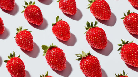 A beautiful flat lay of fresh red strawberries arranged in an eye-catching pattern on a light background. Ideal for food photography, culinary designs, and healthy eating themes.の素材