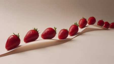 A visually pleasing arrangement of fresh strawberries placed on a smooth beige surface. Each berry showcases its vivid red color and texture, making it ideal for culinary photography.の素材
