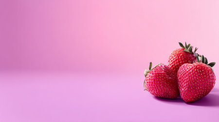 This image showcases three fresh strawberries resting on a soft pink background, perfect for promoting healthy eating, desserts, and vibrant culinary art.の素材