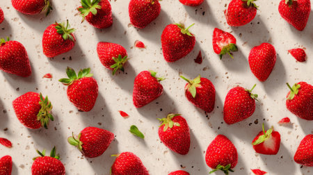 A stunning display of fresh strawberries on a light background, perfect for conveying themes of freshness, health, and vibrant flavor in food photography.の素材