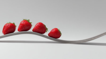 A visually striking image of fresh red strawberries artfully balanced on a curved fork, set against a clean backdrop, perfect for food promotion or culinary ideas.の素材