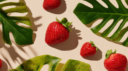 A captivating arrangement of fresh strawberries accompanied by lush green tropical leaves set against a soft beige background, ideal for food and lifestyle projects.の素材