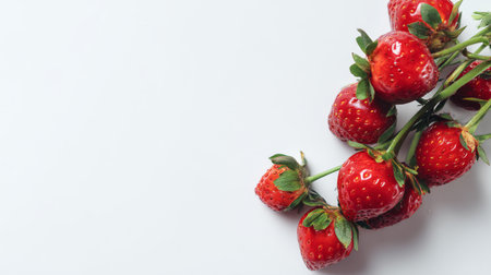 A stunning display of fresh strawberries against a clean white background, perfect for showcasing healthy eating, summer recipes, and vibrant culinary creations.の素材
