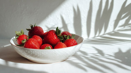 A vibrant display of fresh red strawberries in a white bowl, casting soft shadows on a light surface, perfect for conveying themes of health, freshness, and aesthetic appeal.の素材