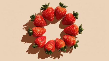 A stunning arrangement of fresh strawberries placed in a circular pattern against a subtle beige background, perfect for healthy lifestyle themes or food photography.の素材