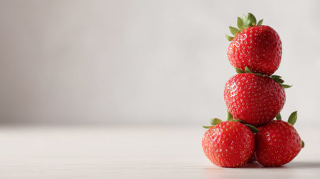 A stunning close-up of fresh strawberries stacked in an artistic arrangement, showcasing their vibrant color and texture, ideal for healthy food concepts and recipes.の素材