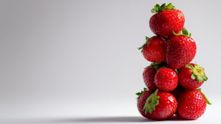 A visually appealing stack of fresh strawberries creates a striking focal point on a simple background, perfect for promoting healthy eating and culinary creativity.の素材